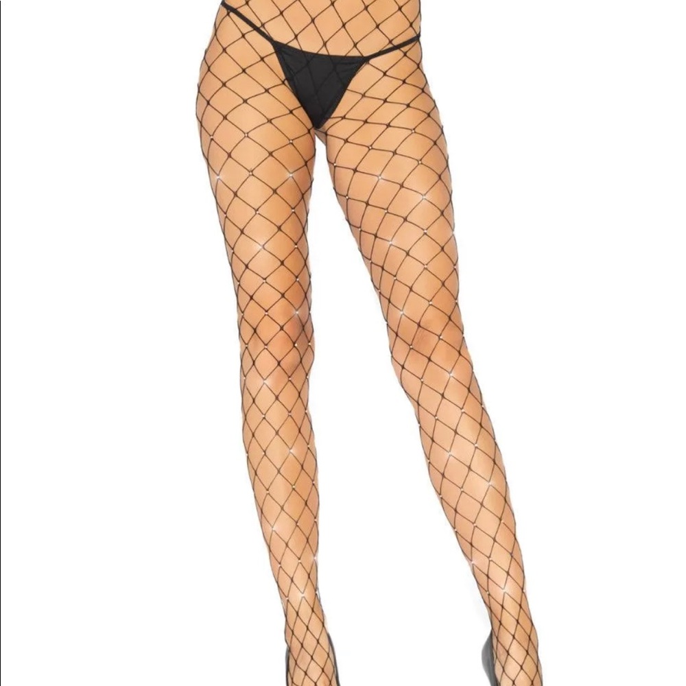 New in bag large hole fishnet stockings with rhinestones all over
